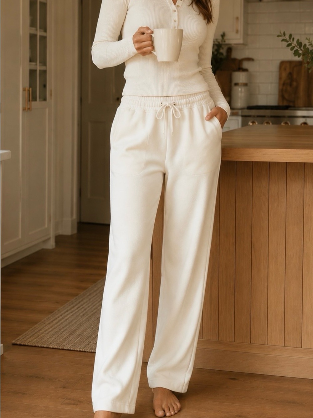 Cozy Cream Drawstring Wide-Leg Joggers for Women
